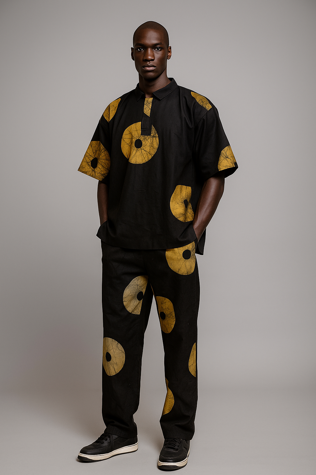 Yellow & Black Contrast Print - Men's Cotton Adire Shirt