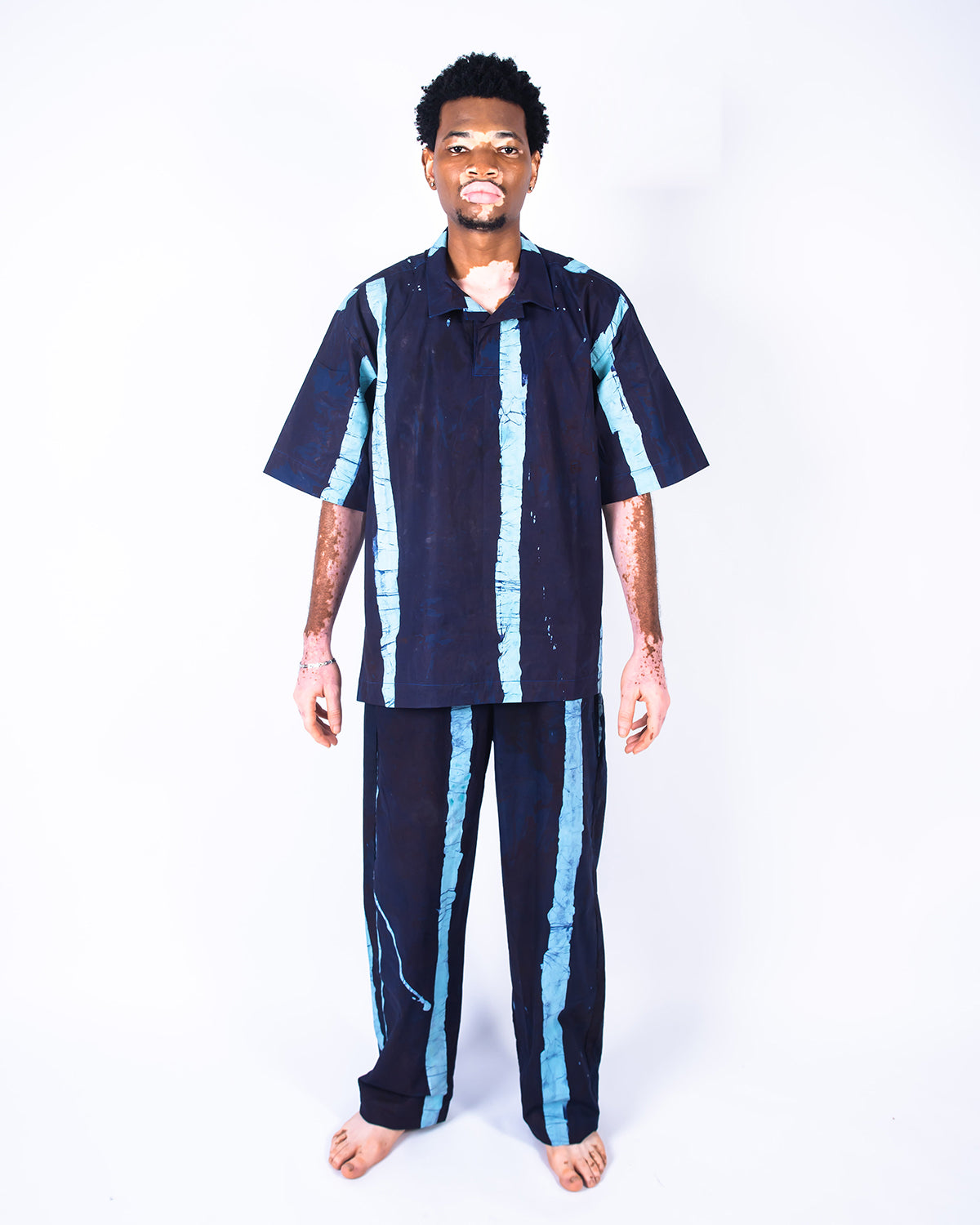 Navy & Sky Blue Vertical Print - Men's Cotton Adire Shirt