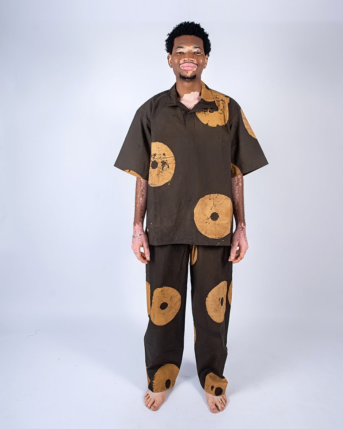 Sand & Deep Brown Contrast Print - Men's Cotton Adire Shirt