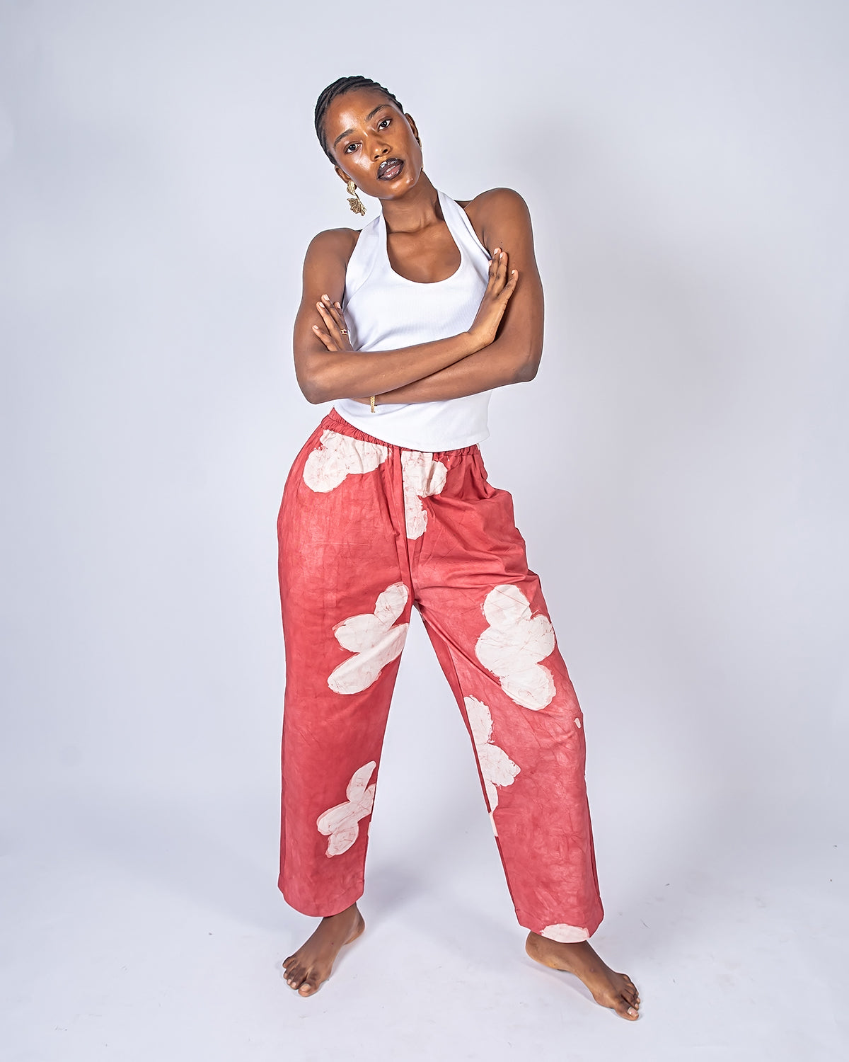 Red Floral Print - Women's Soft Cotton Adire Trousers