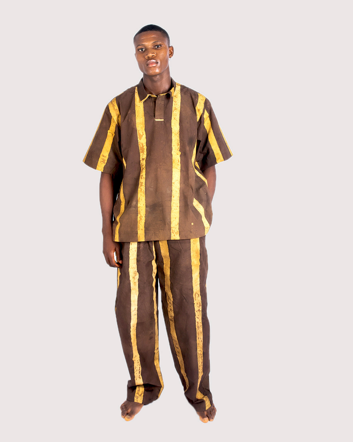 Sand & Deep Brown Vertical Print - Men's Cotton Adire Shirt
