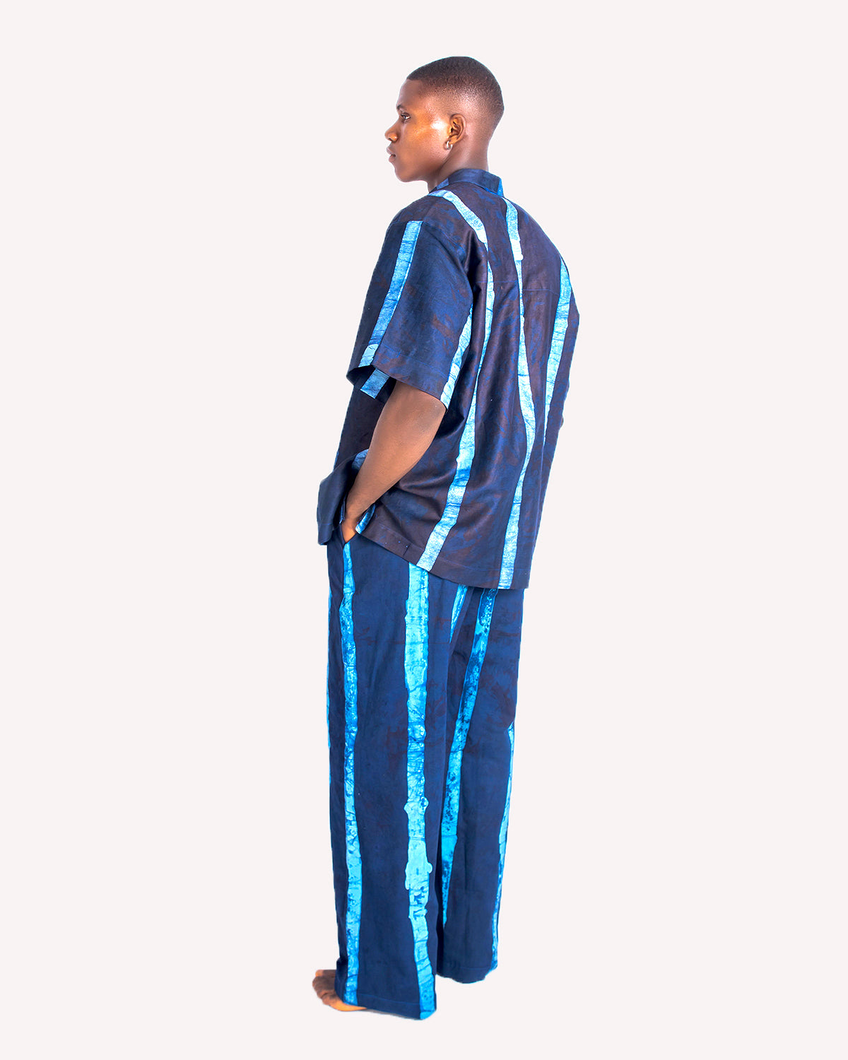 Navy & Sky Blue Vertical Print - Men's Cotton Adire Trousers