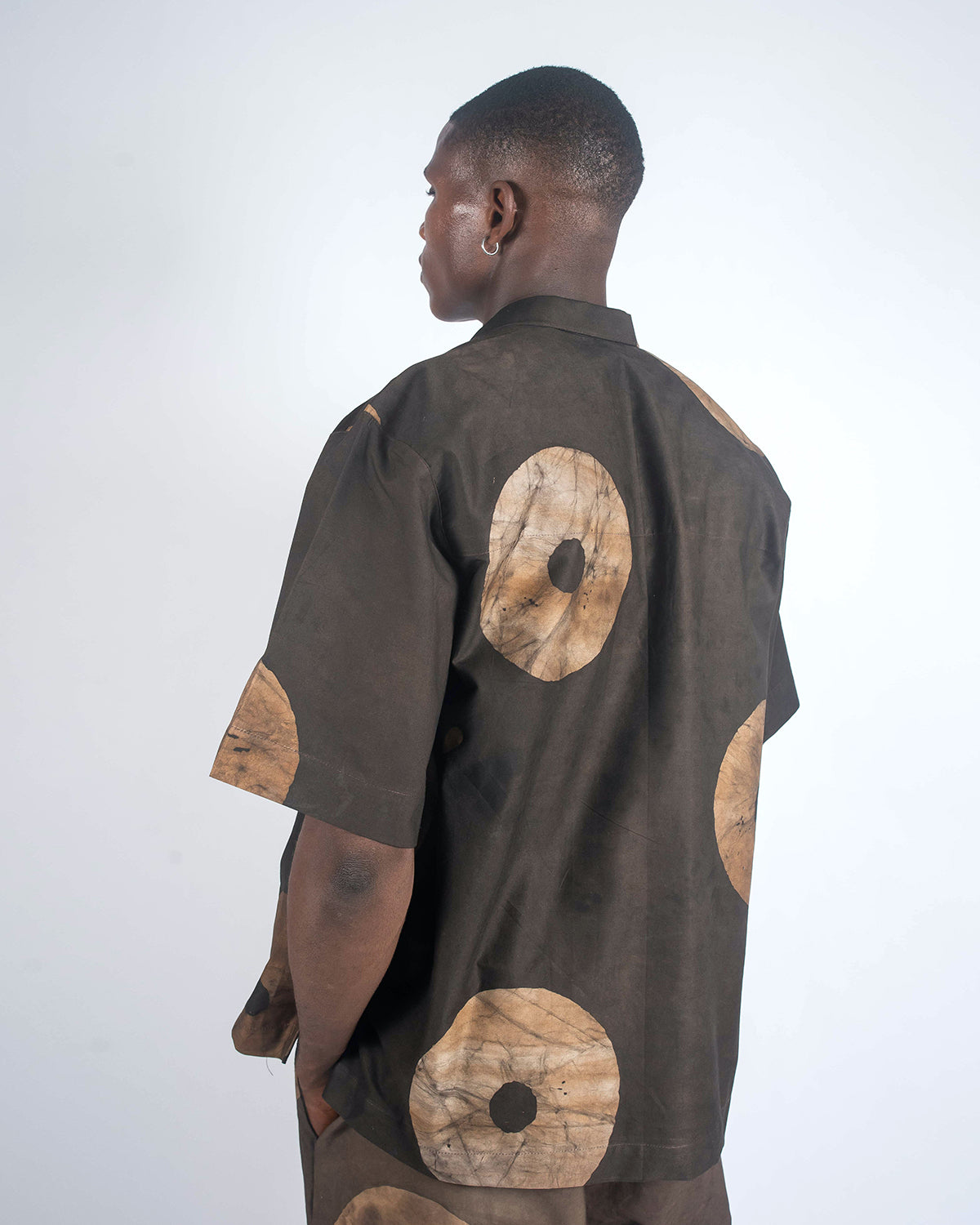 Sand & Deep Brown Contrast Print - Men's Cotton Adire Shirt