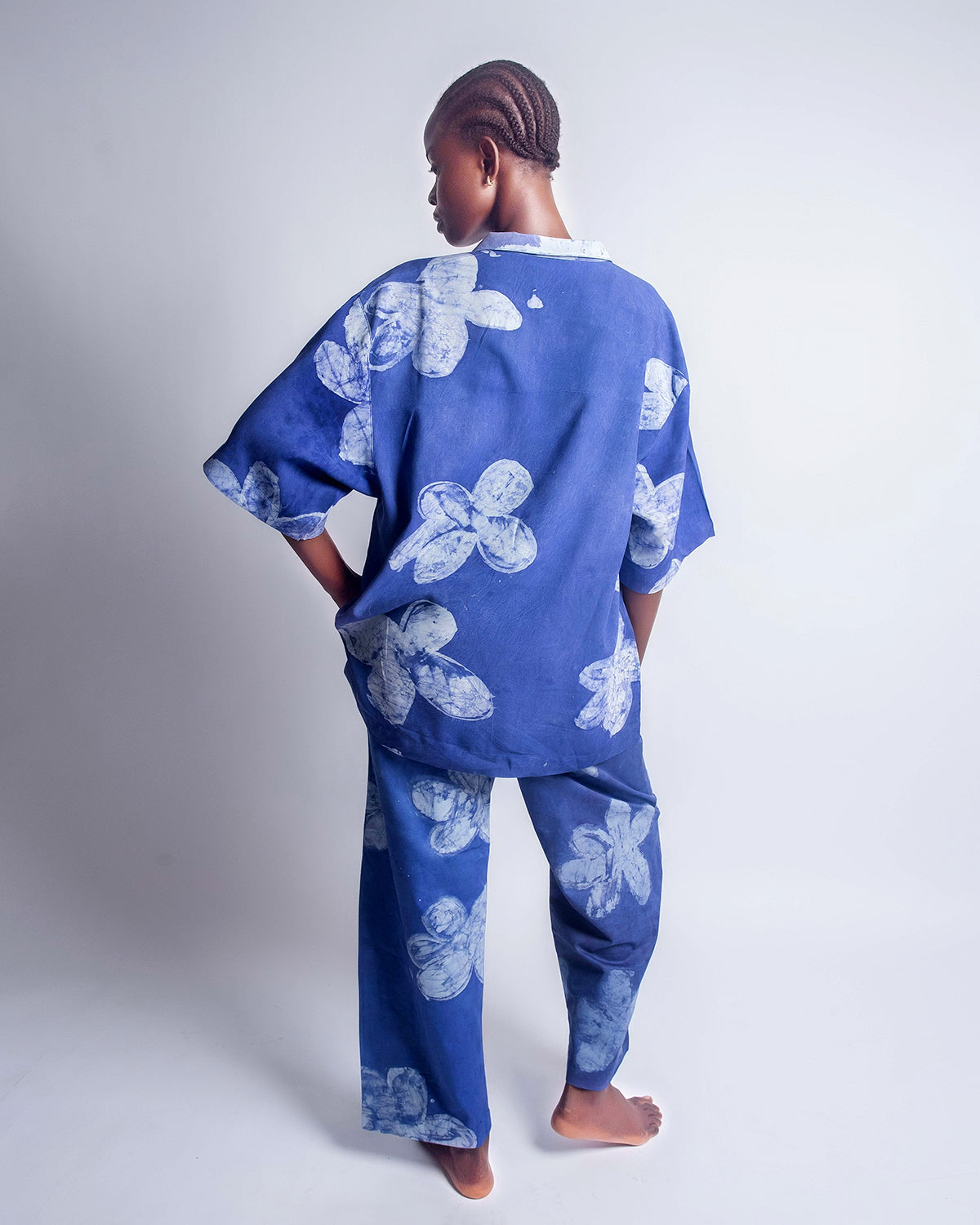 Navy Blue Floral Print - Women's Cotton Adire Trousers