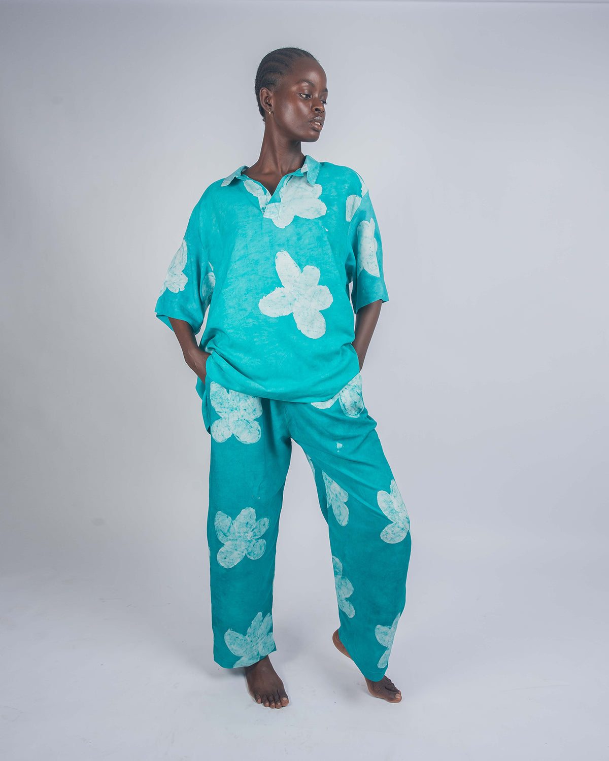Green Floral Print - Women's Cotton Adire Trousers