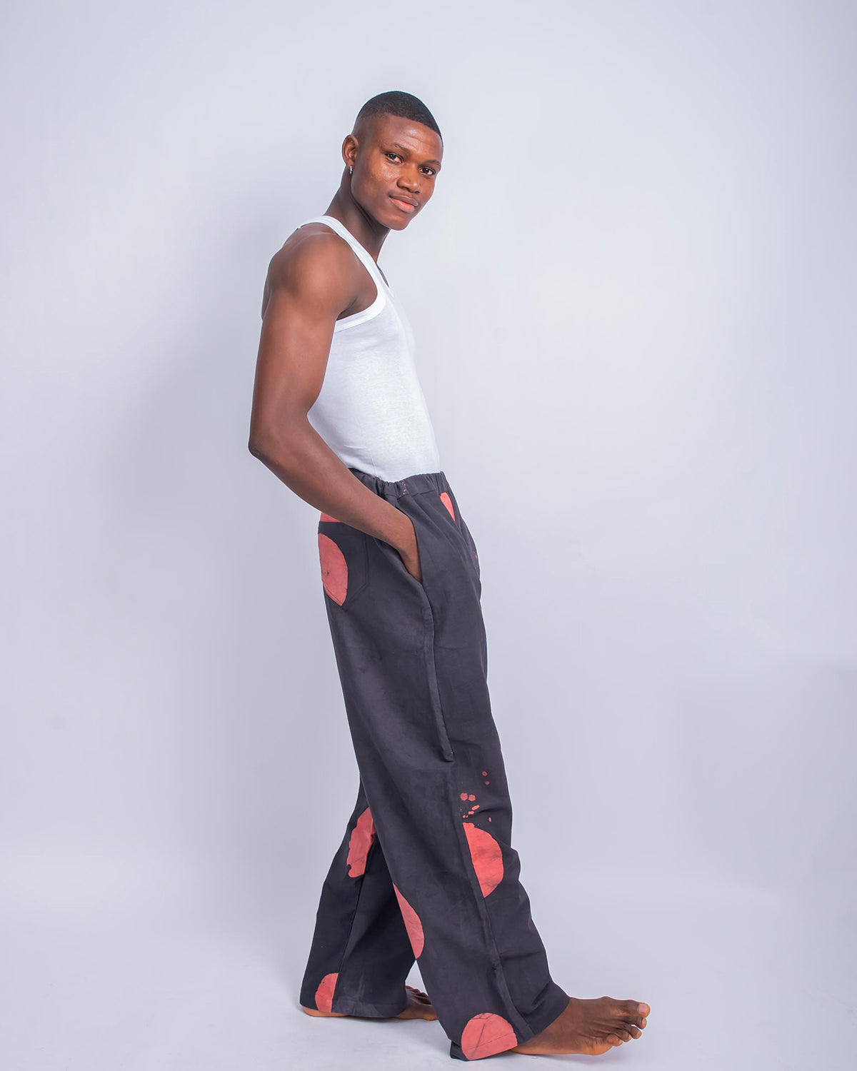 Red & Black Contrast Print - Men's Cotton Adire Trousers