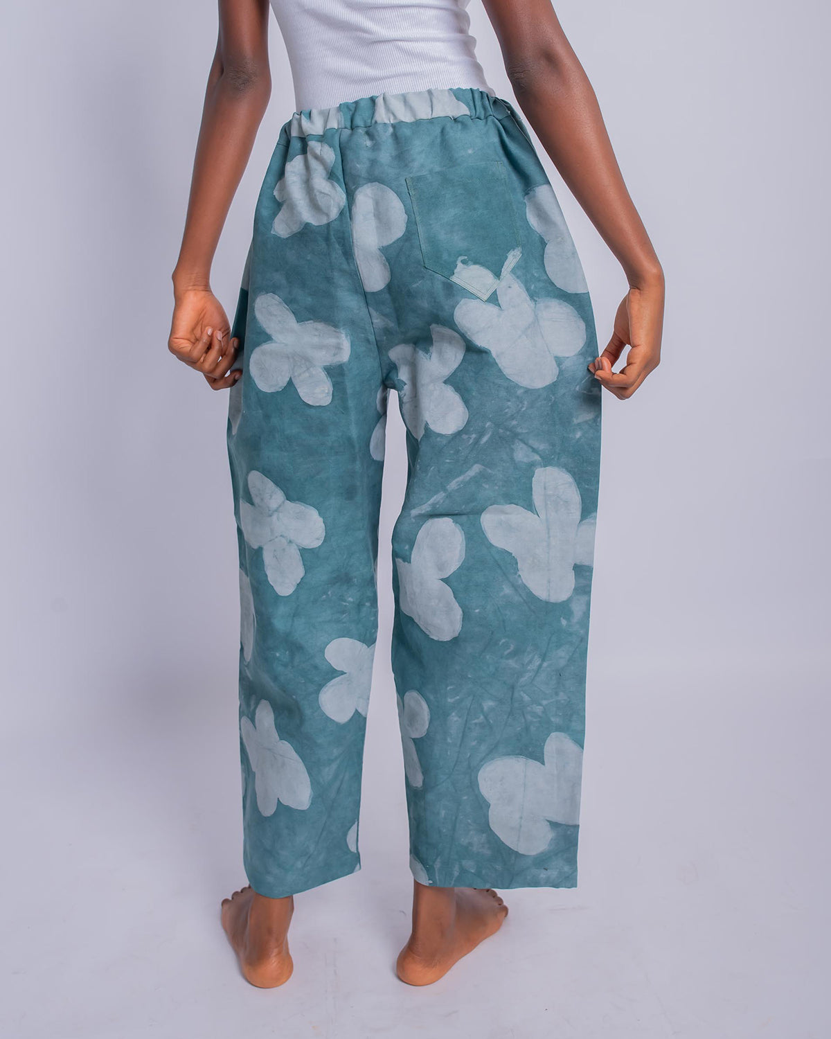 Teal Floral Print - Women's Cotton Adire Trousers