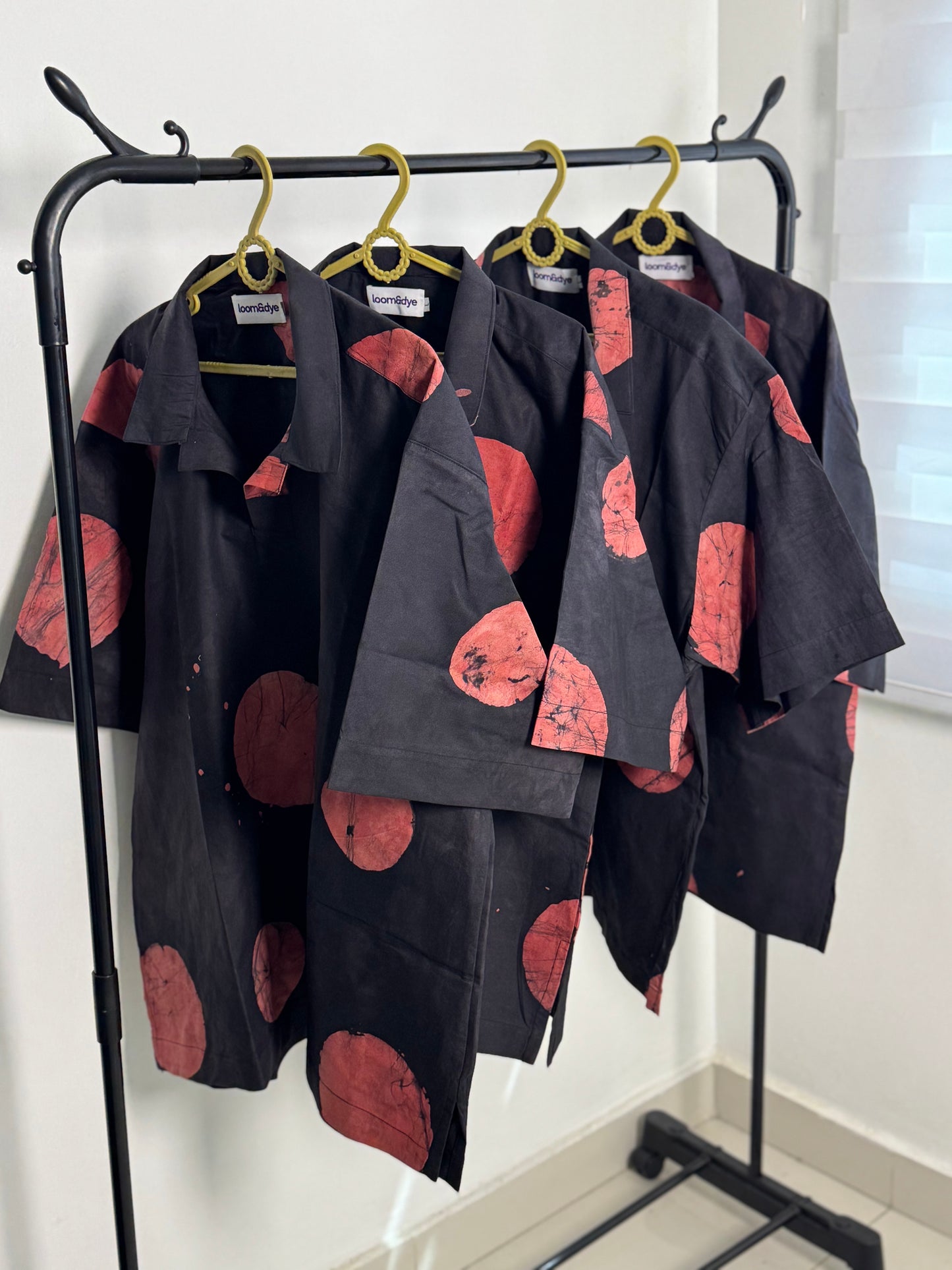 Red & Black Contrast Print - Men's Cotton Adire Shirt