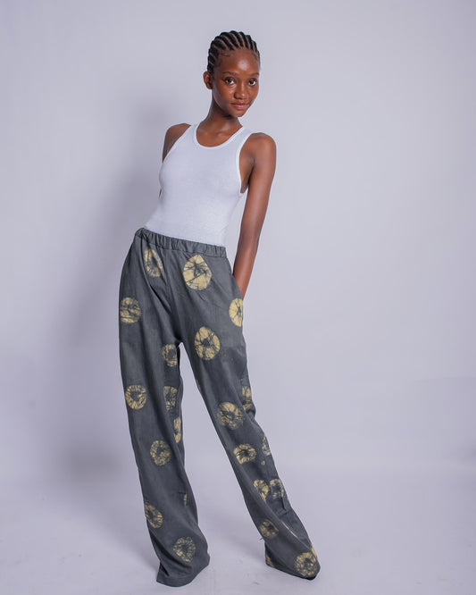Grey & Yellow Contrast Print - Women's Full Length Soft Cotton Adire Trousers