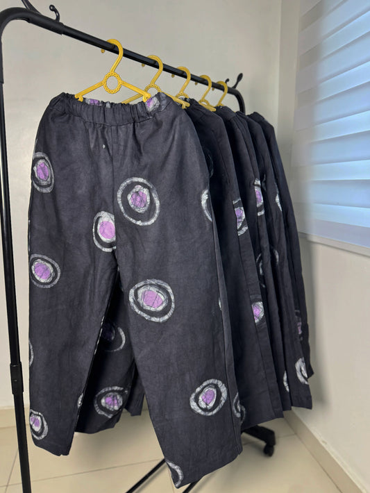 Black & Purple Contrast Print - Women's Cotton Adire Trousers
