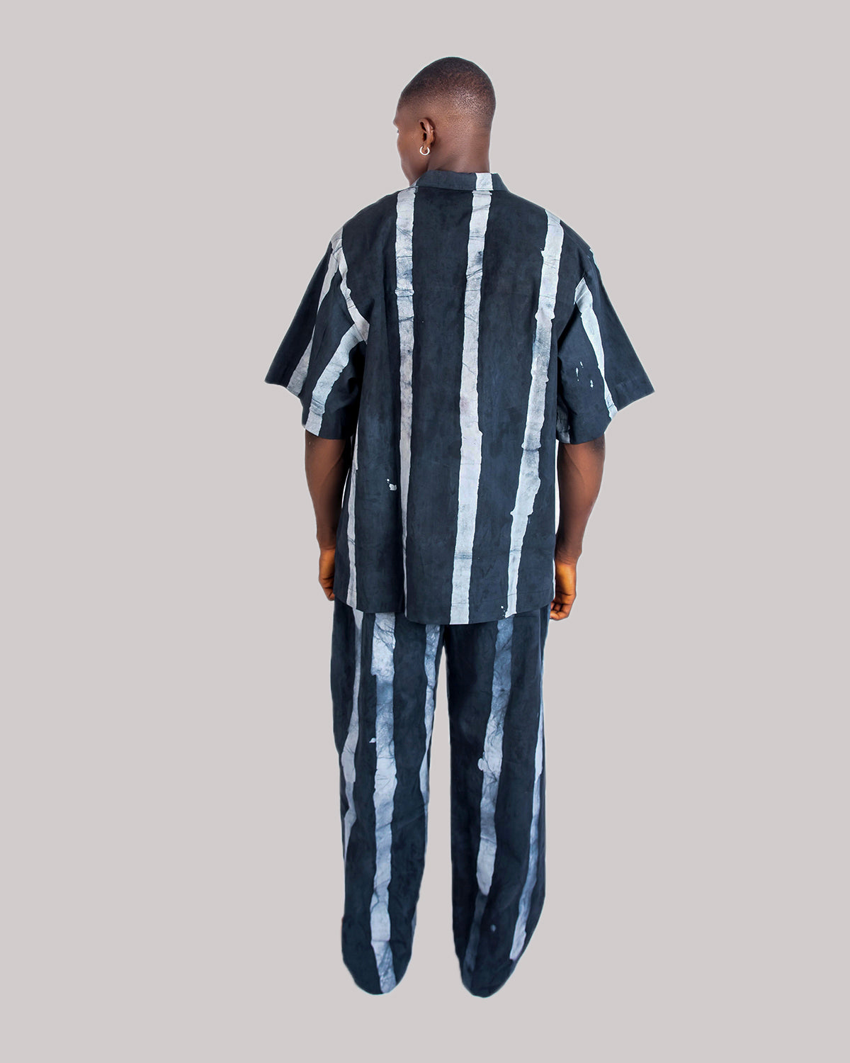 Black & Grey Vertical Print - Men's Cotton Adire Shirt