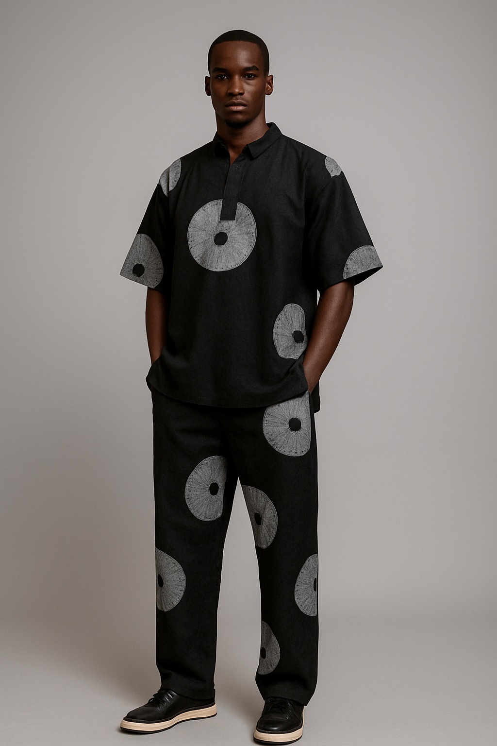 Grey & Black Contrast Print - Men's Cotton Adire Shirt