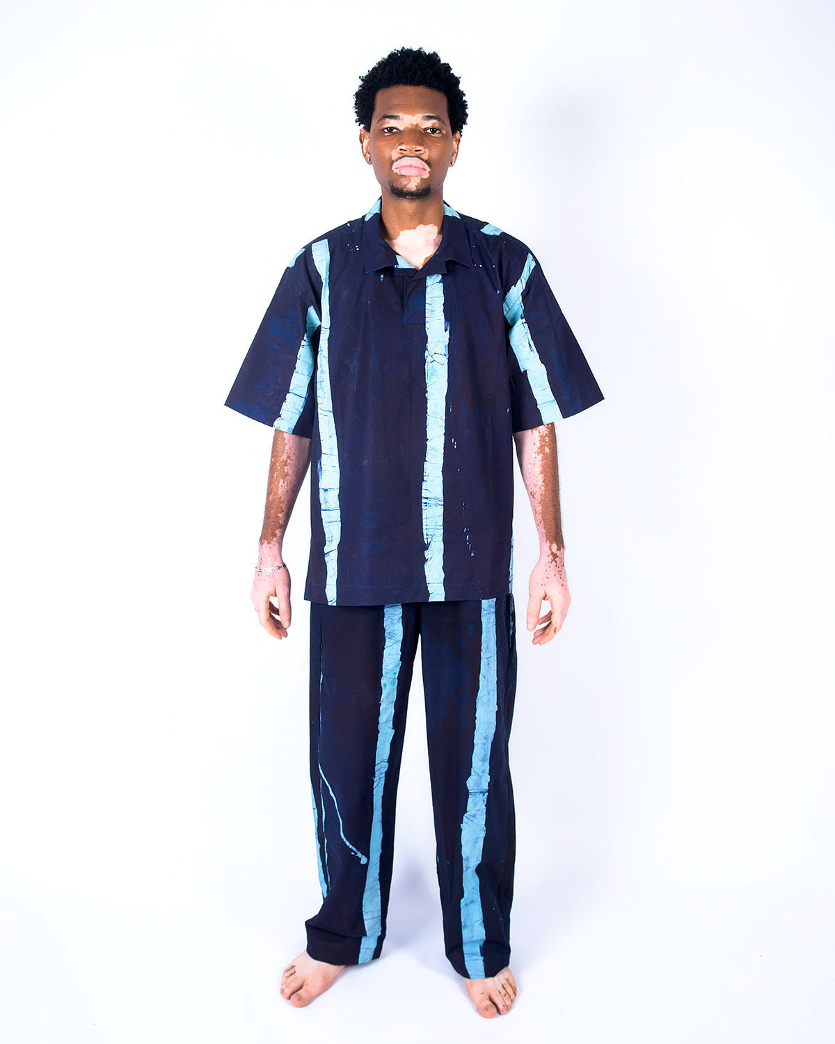 Navy & Sky Blue Vertical Print - Men's Cotton Adire Shirt