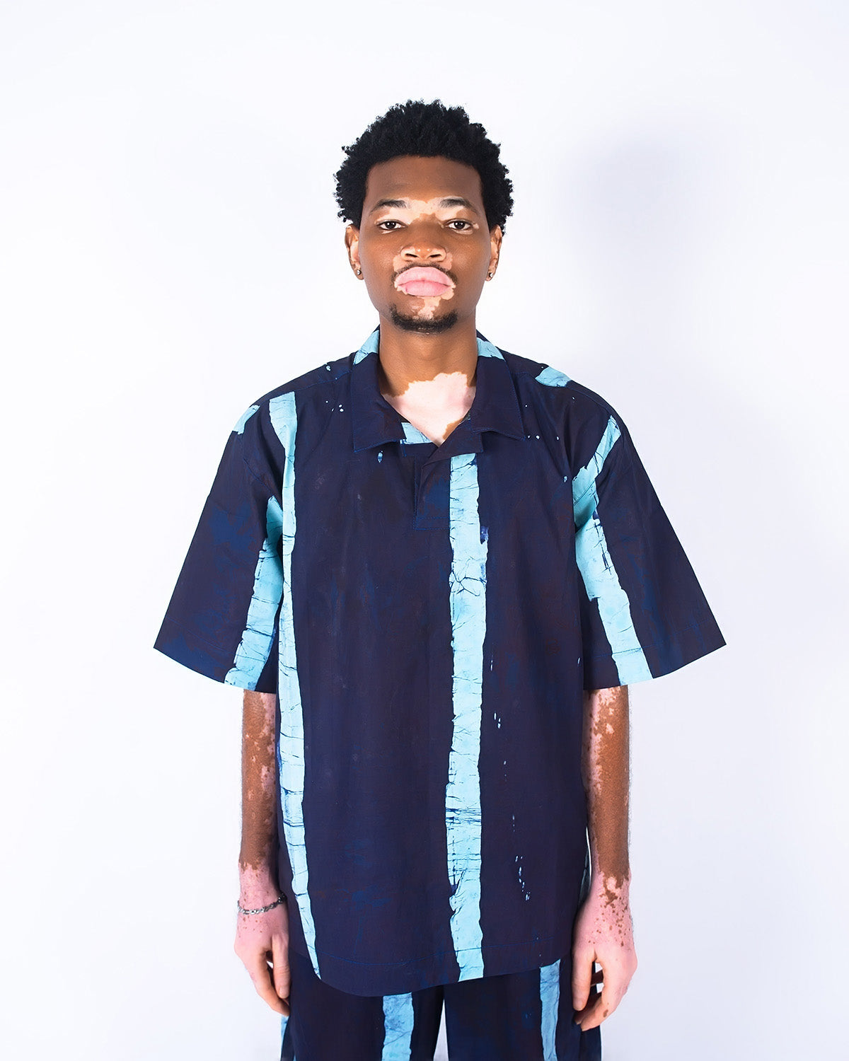 Navy & Sky Blue Vertical Print - Men's Cotton Adire Shirt
