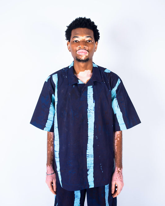 Navy & Sky Blue Vertical Print - Men's Cotton Adire Shirt