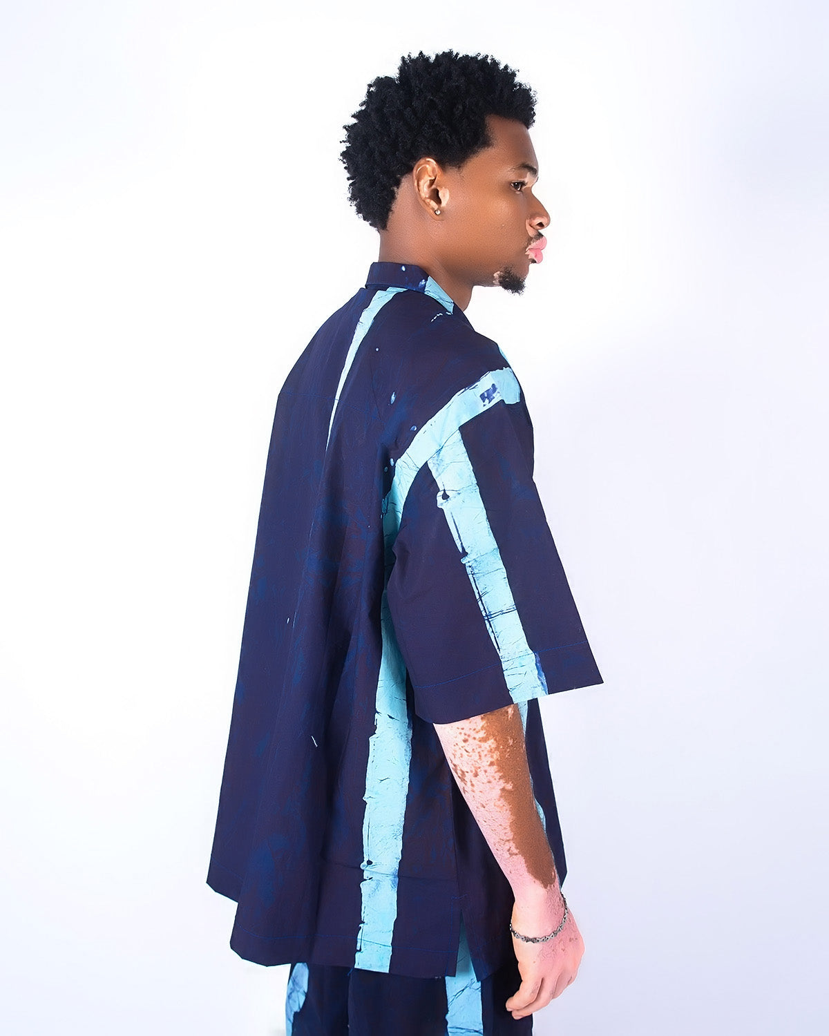 Navy & Sky Blue Vertical Print - Men's Cotton Adire Shirt