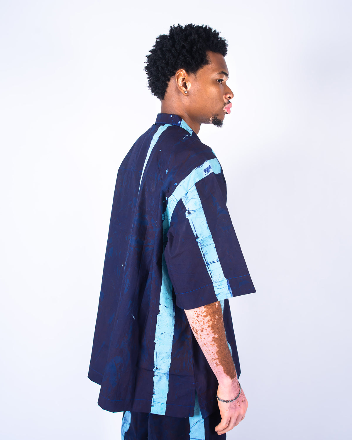 Navy & Sky Blue Vertical Print - Men's Cotton Adire Shirt