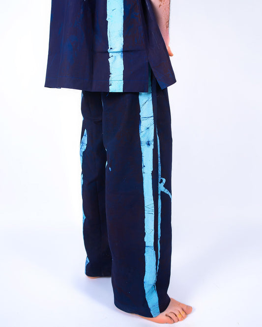 Navy & Sky Blue Vertical Print - Men's Cotton Adire Trousers