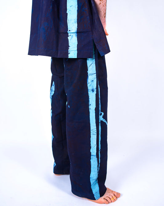 Navy & Sky Blue Vertical Print - Men's Cotton Adire Trousers