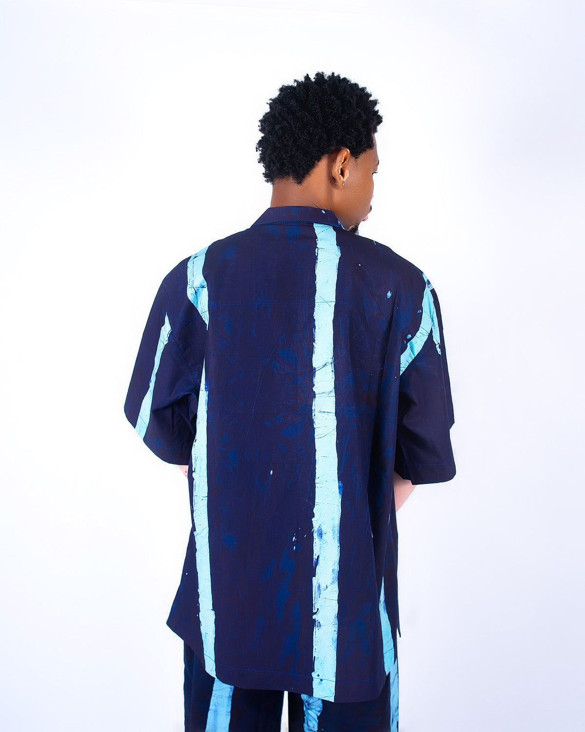 Navy & Sky Blue Vertical Print - Men's Cotton Adire Shirt