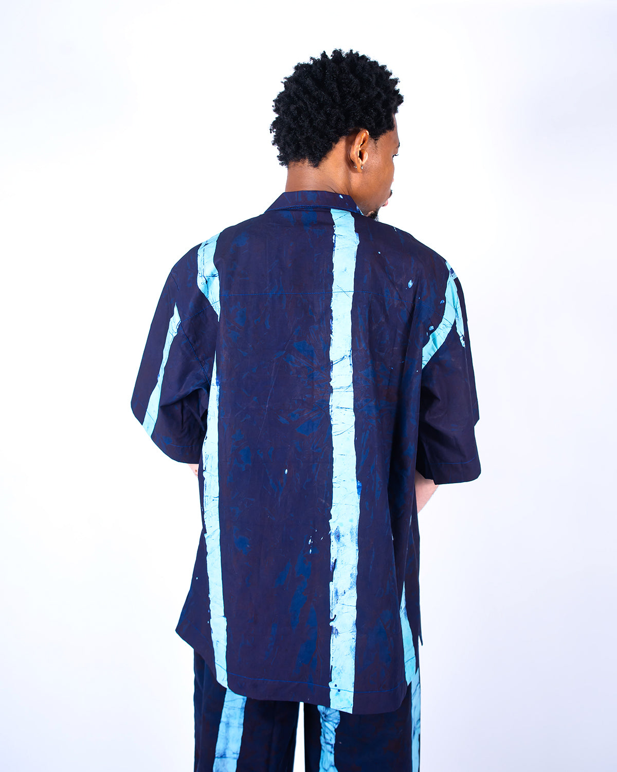 Navy & Sky Blue Vertical Print - Men's Cotton Adire Shirt