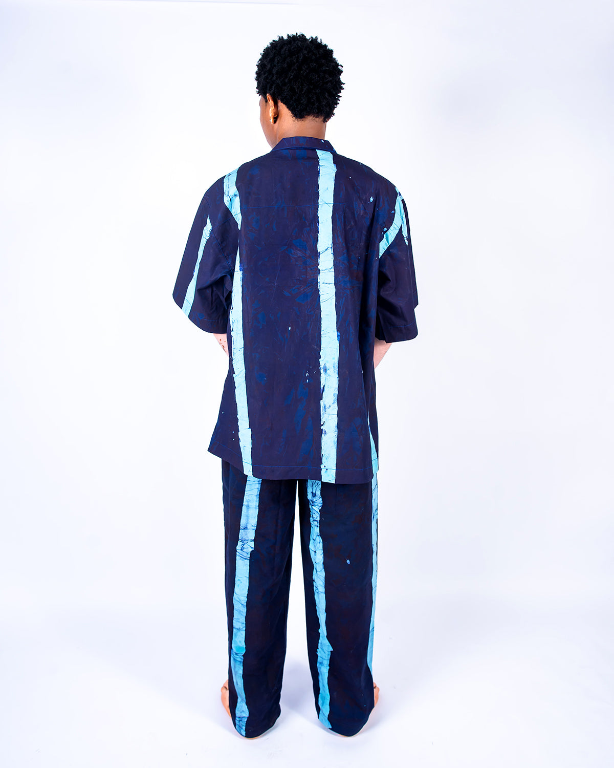 Navy & Sky Blue Vertical Print - Men's Cotton Adire Trousers