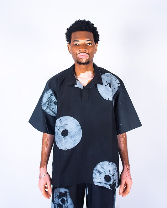 Grey & Black Contrast Print - Men's Cotton Adire Shirt