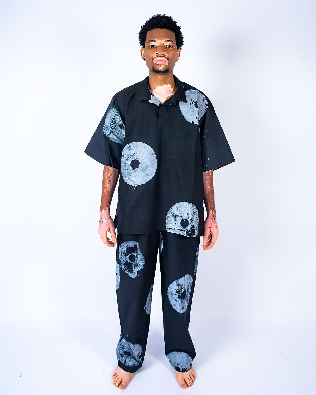 Grey & Black Contrast Print - Men's Cotton Adire Shirt