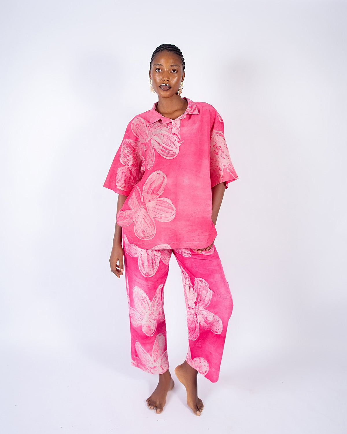 Pink Floral Print - Women's Cotton Adire Trousers