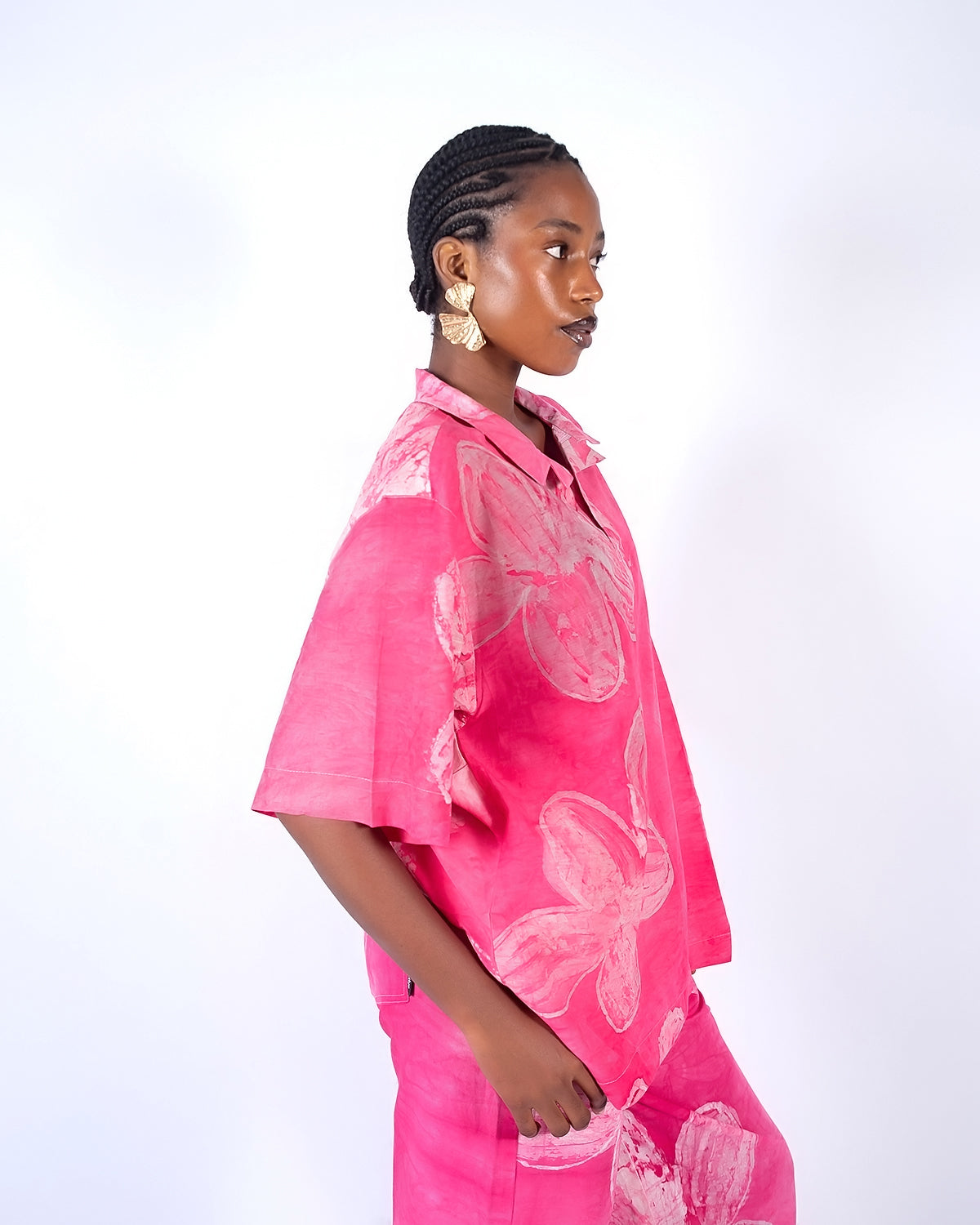 Pink Floral Print – Oversized Women’s Light Cotton Adire Shirt