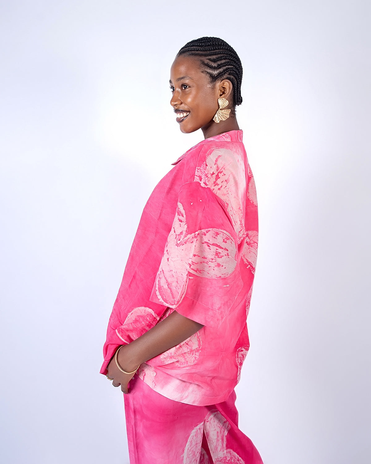 Pink Floral Print – Oversized Women’s Light Cotton Adire Shirt