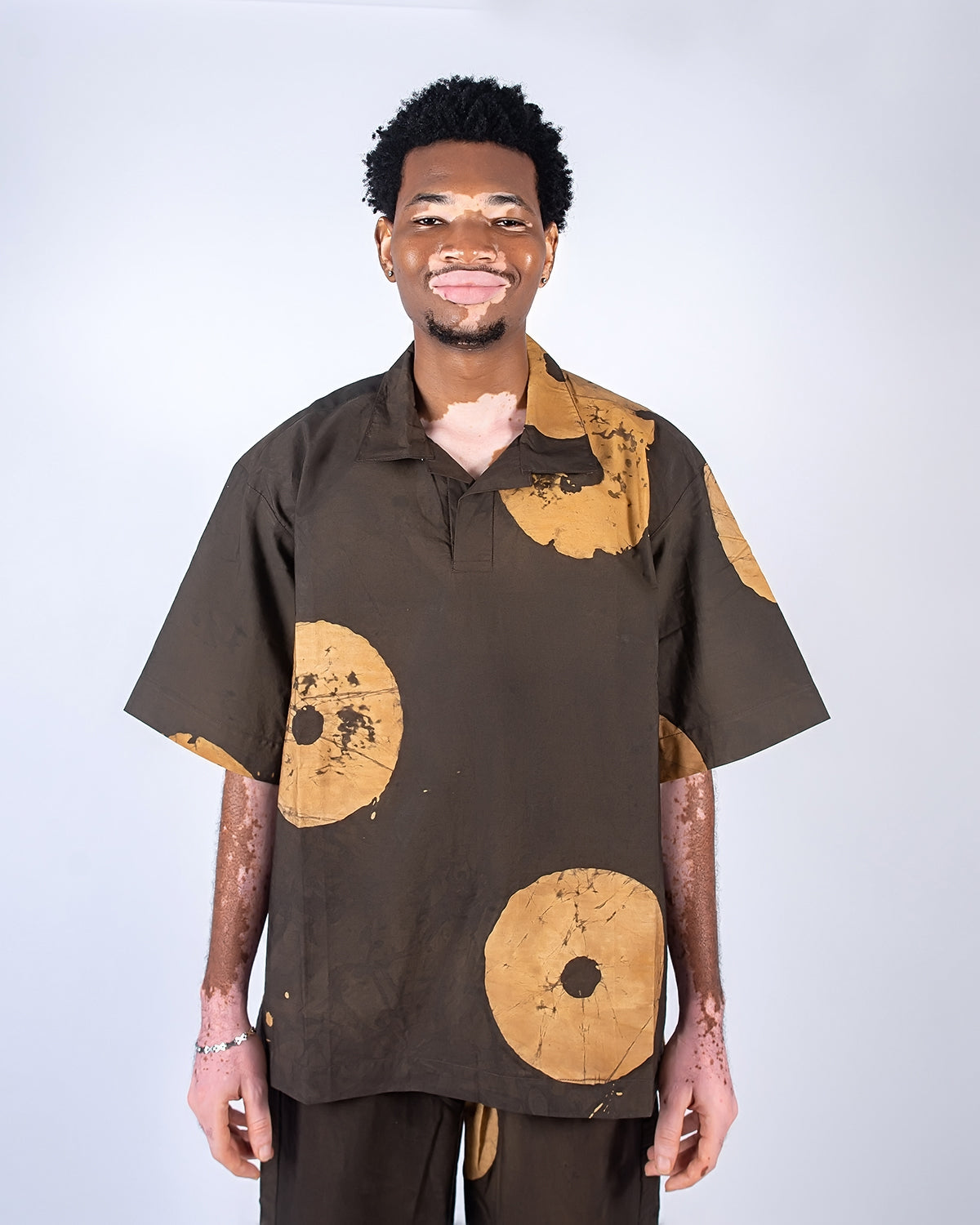 Sand & Deep Brown Contrast Print - Men's Cotton Adire Shirt