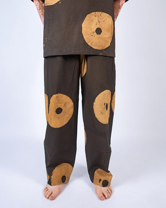 Sand & Deep Brown Contrast Print - Men's Cotton Adire Trousers