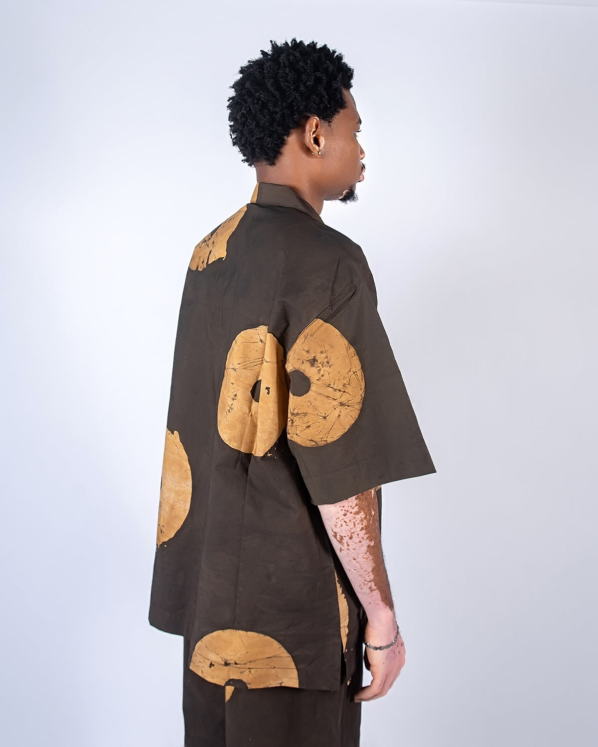 Sand & Deep Brown Contrast Print - Men's Cotton Adire Shirt