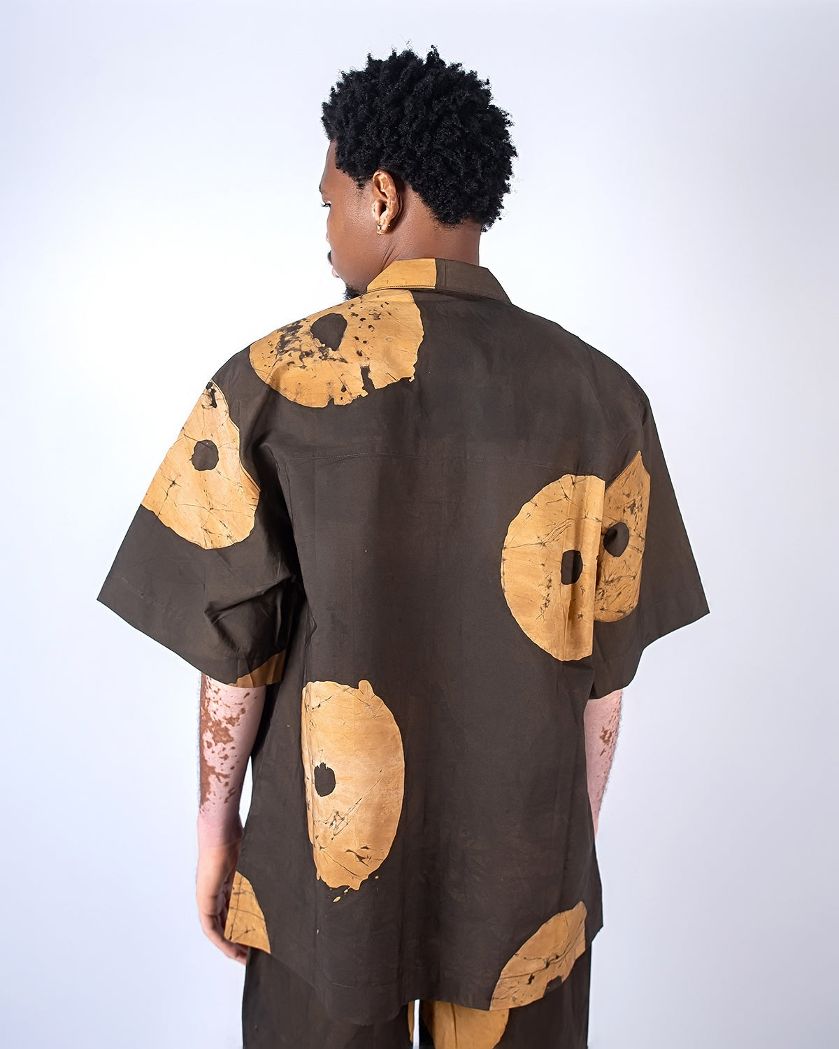 Sand & Deep Brown Contrast Print - Men's Cotton Adire Shirt
