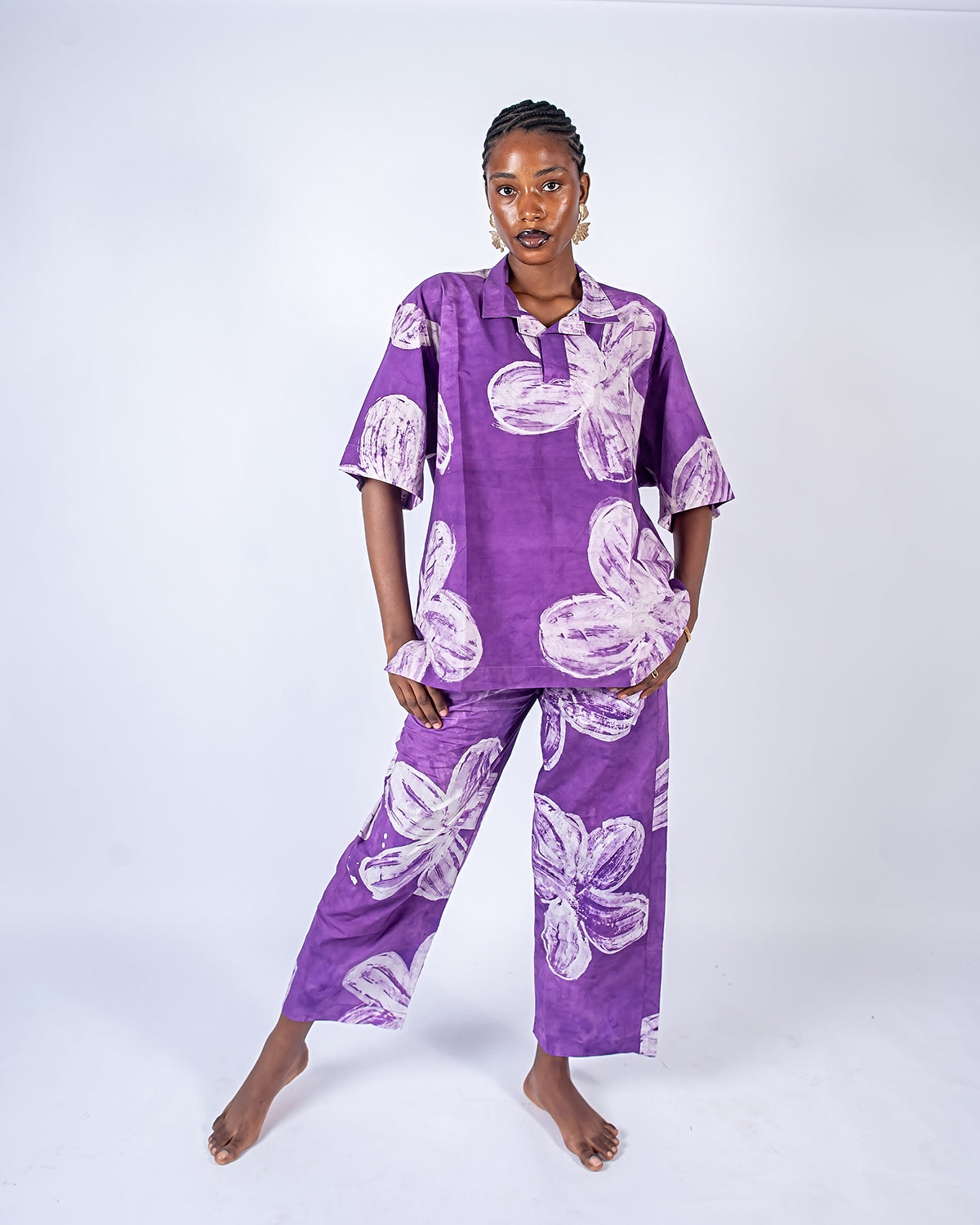 Purple Floral Print – Oversized Women’s Soft Cotton Adire Shirt