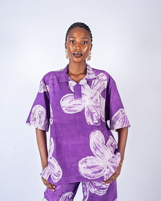 Purple Floral Print – Oversized Women’s Soft Cotton Adire Shirt