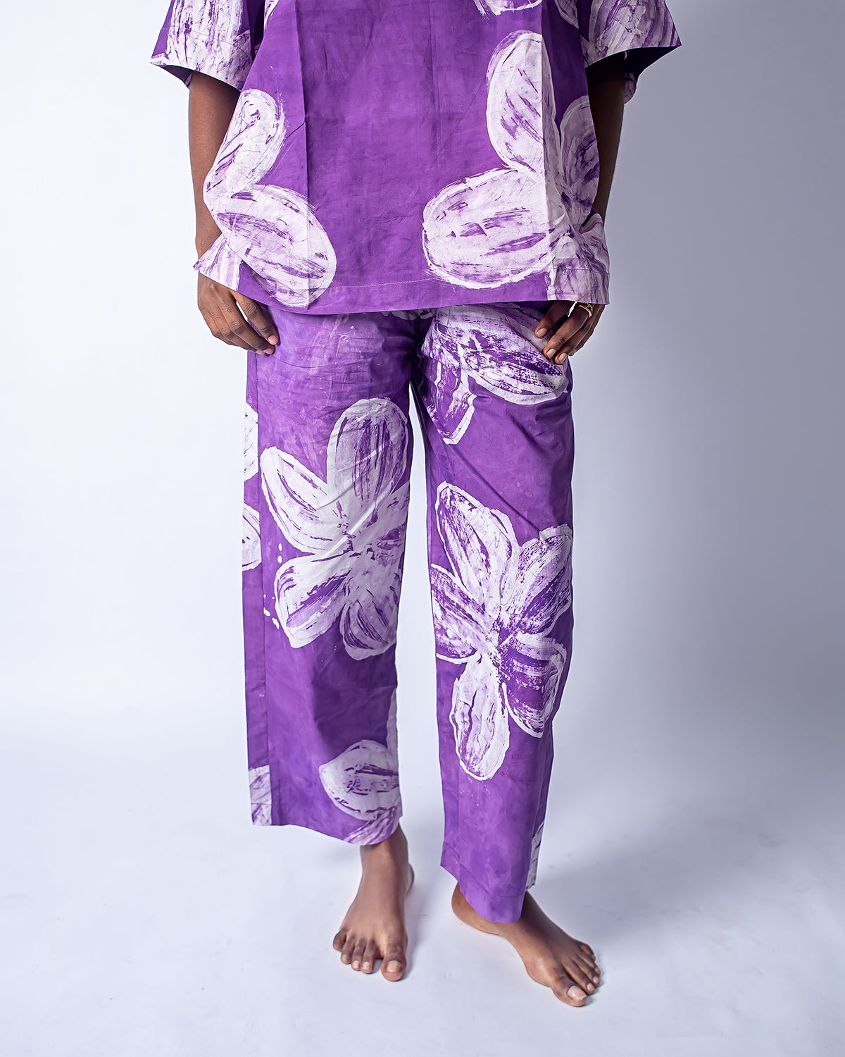 Purple Floral Print - Women's Soft Cotton Adire Trousers