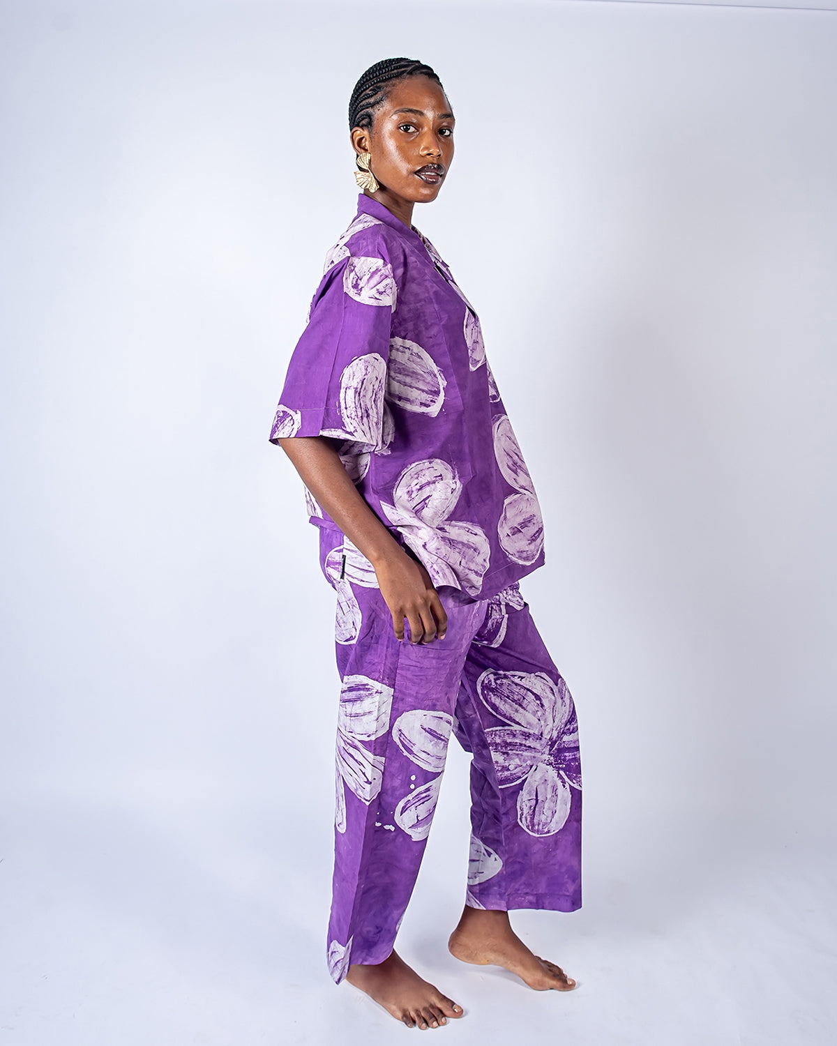 Purple Floral Print - Women's Soft Cotton Adire Trousers