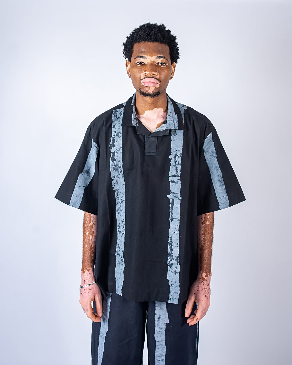Black & Grey Vertical Print - Men's Cotton Adire Shirt