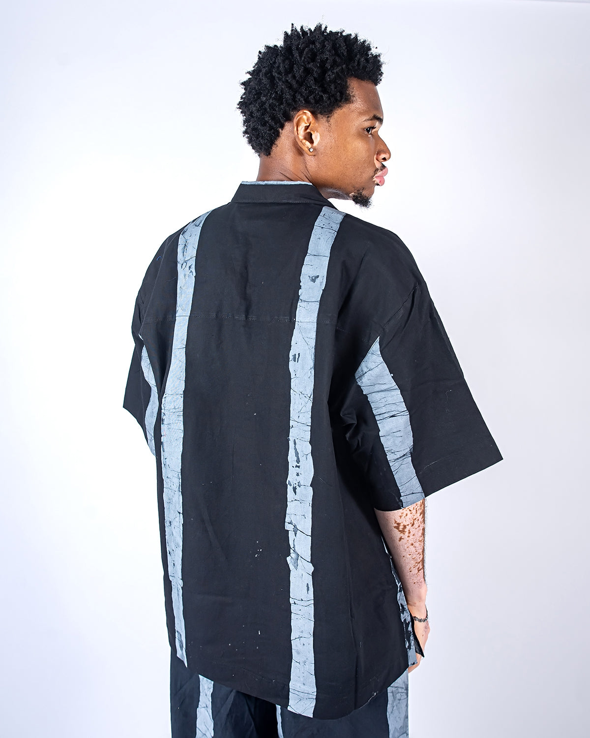 Black & Grey Vertical Print - Men's Cotton Adire Shirt