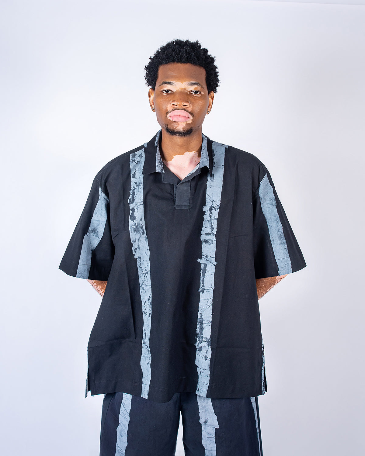 Black & Grey Vertical Print - Men's Cotton Adire Shirt