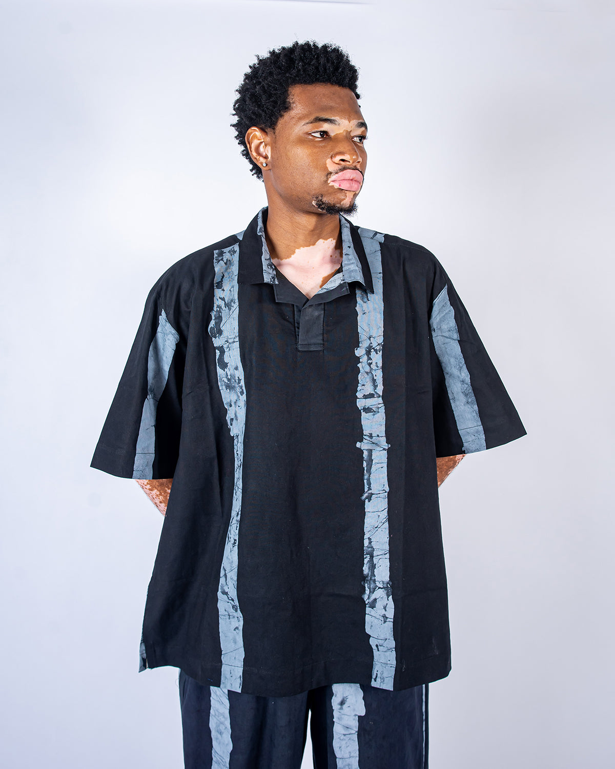 Black & Grey Vertical Print - Men's Cotton Adire Shirt