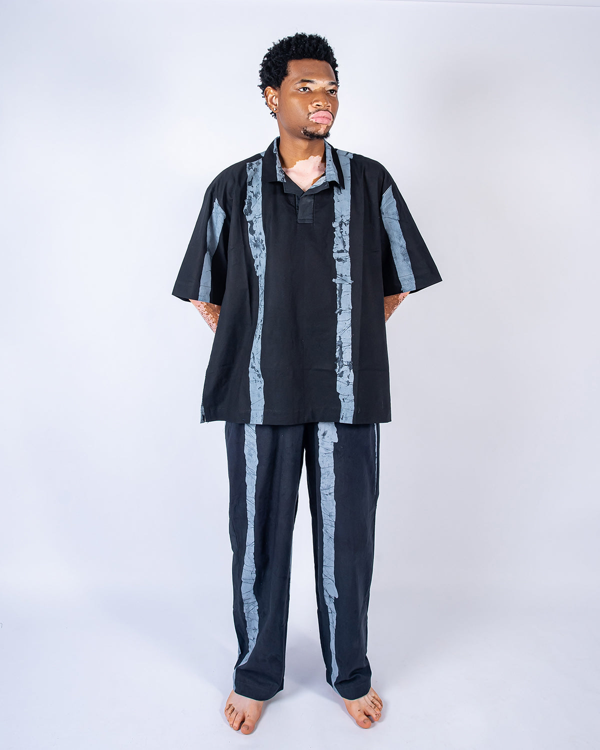 Black & Grey Vertical Print - Men's Cotton Adire Shirt