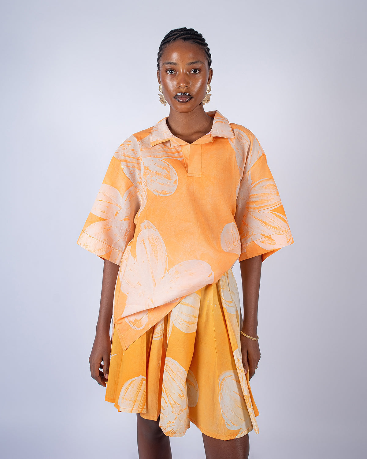 Orange Floral Print – Oversized Women’s Cotton Adire Shirt