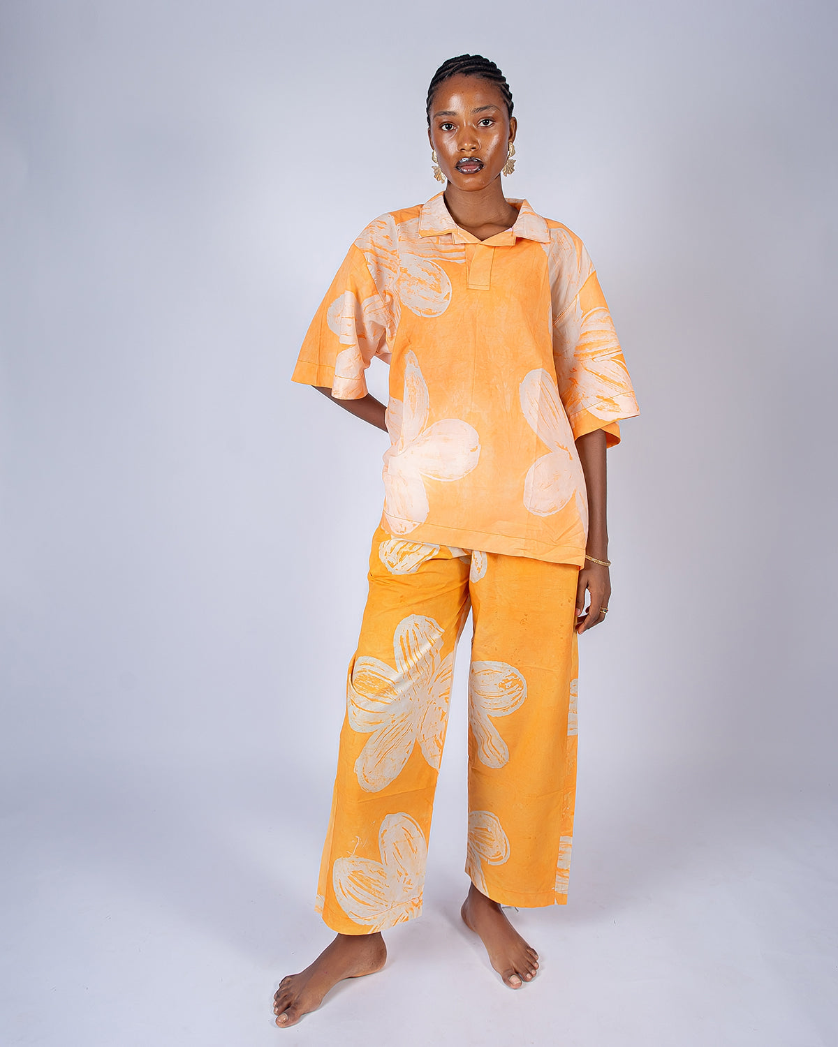 Orange Floral Print – Oversized Women’s Cotton Adire Shirt