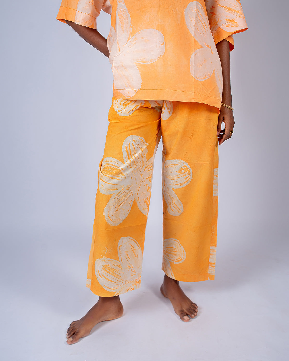 Orange Floral Print - Women's Cotton Adire Trousers