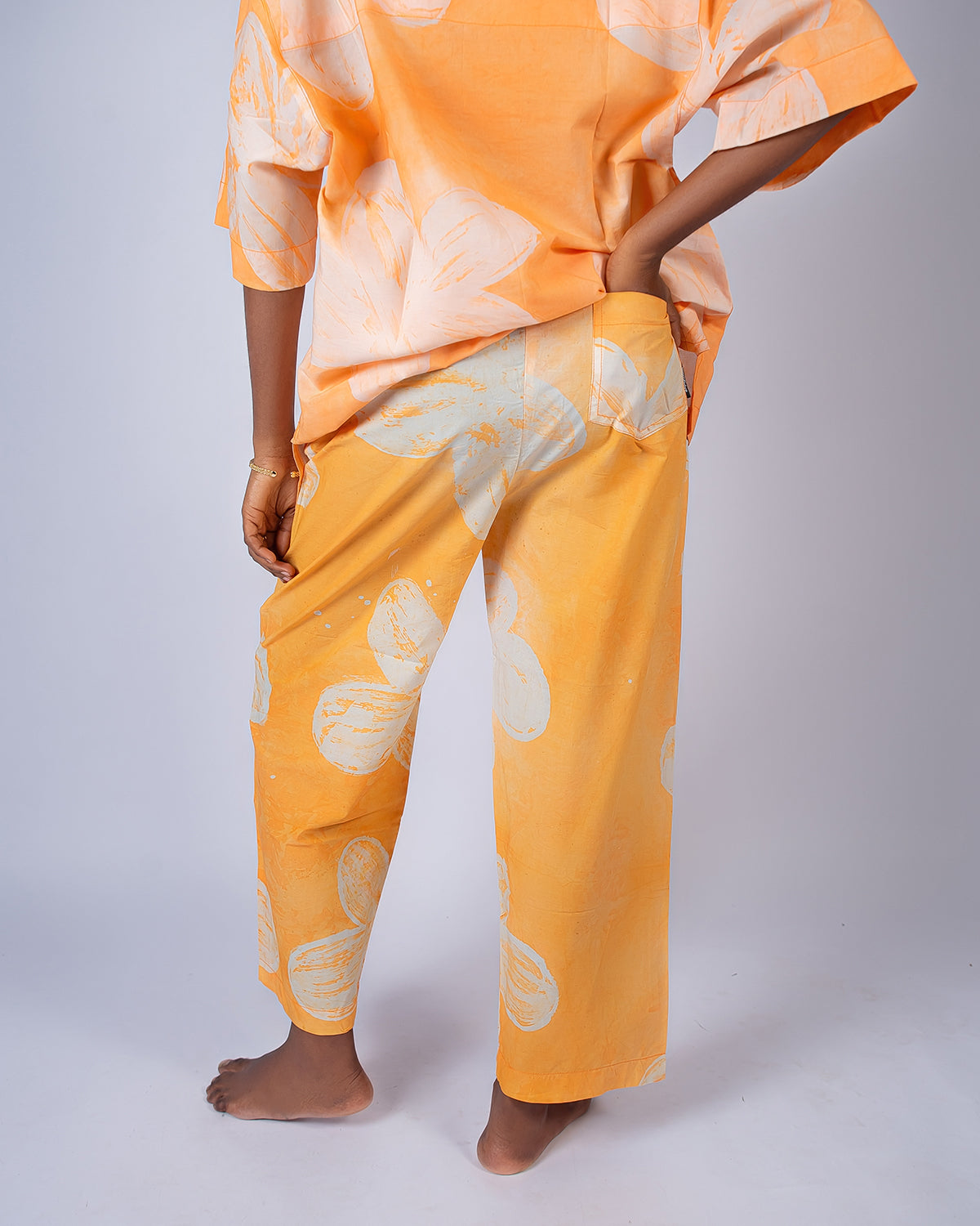 Orange Floral Print - Women's Cotton Adire Trousers