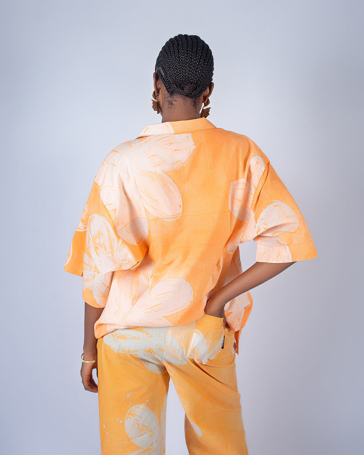 Orange Floral Print – Oversized Women’s Cotton Adire Shirt