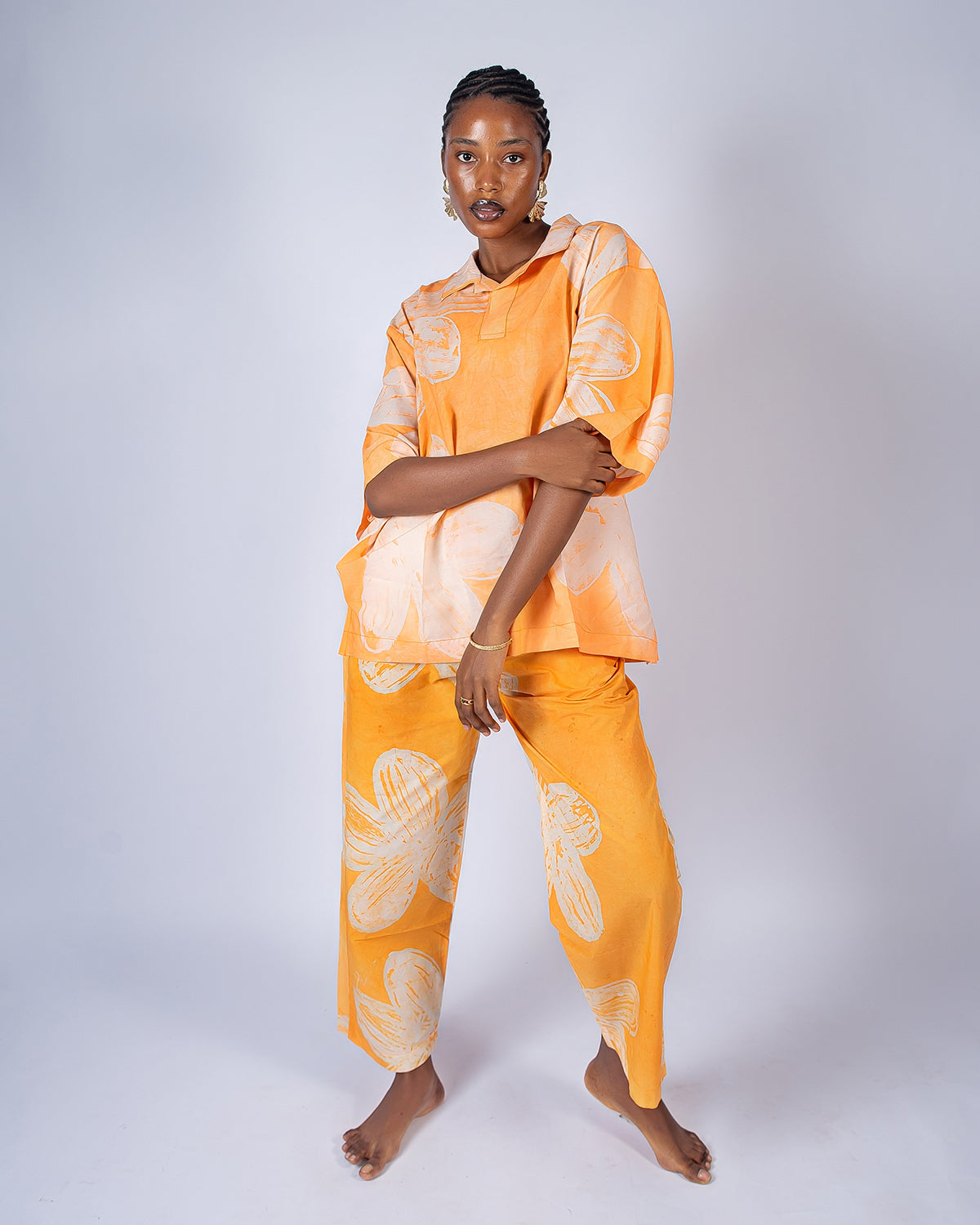 Orange Floral Print - Women's Cotton Adire Trousers